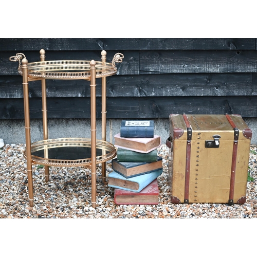 98 - A French gilt metal drinks table with mirrored oval trays to/w Timothy Oulton style small trunk and ... 