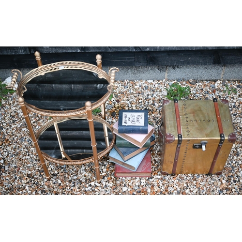 98 - A French gilt metal drinks table with mirrored oval trays to/w Timothy Oulton style small trunk and ... 