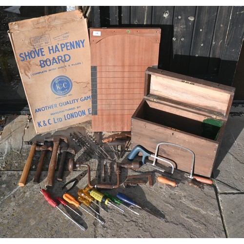 467 - A vintage wood shove ha'penny board in original box - apparently unused to/w a wooden box containing... 