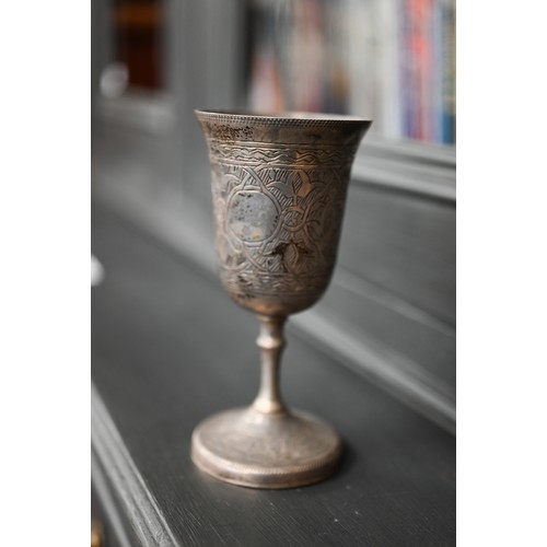 492 - An Egyptian .900 grade silver goblet to/w a small silver-mounted photograph frame, pair of vintage T... 