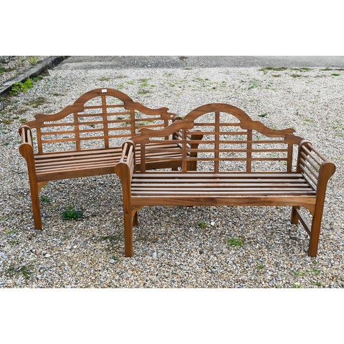 410A - A pair of modern Lutyens design teak garden benches, 130 cm w, both at fault (2)