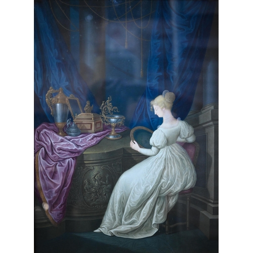 765 - Johann Jacob Hoch (1750-1829) - Young lady within a classical interior with looking glass, gouache, ... 