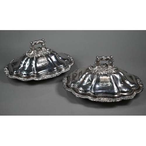 1 - A good pair of Victorian old Sheffield plate entrée dishes and covers, the detachable handles cast w... 