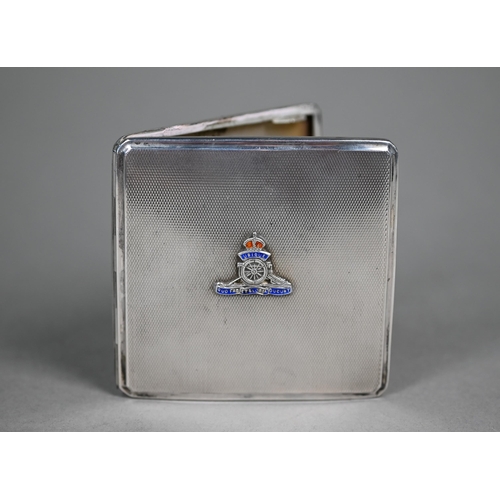 101 - An engine-turned silver cigarette case, mounted with enamelled Royal Artillery badge, Thomas William... 