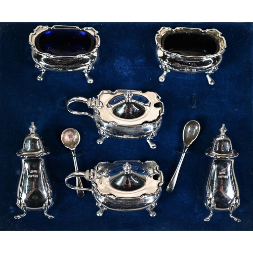 103 - A cased six-piece silver condiment set with two spoons, Walker & Hall, Birmingham 1936, 7.5oz (n... 