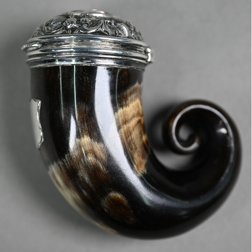 108 - A Victorian sheep's-horn snuff mull, the unmarked silver hinged cover embossed with thistle design a... 