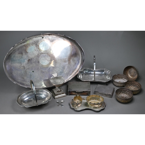 115 - An oval galleried electroplated tray, to/w a novelty condiment set in dolphin stand, two fruit-dishe... 