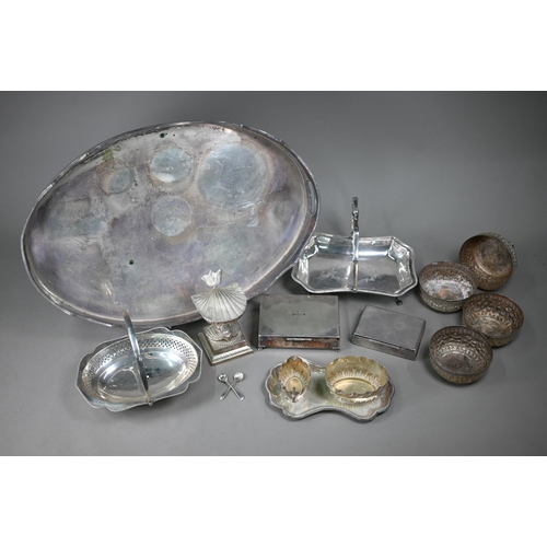 115 - An oval galleried electroplated tray, to/w a novelty condiment set in dolphin stand, two fruit-dishe... 