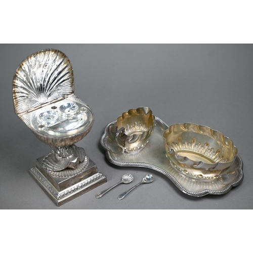 115 - An oval galleried electroplated tray, to/w a novelty condiment set in dolphin stand, two fruit-dishe... 