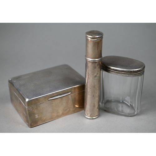 117 - A silver cigarette box with Art Deco style engine-turning, to/w a tubular cigar-case stamped '925' a... 