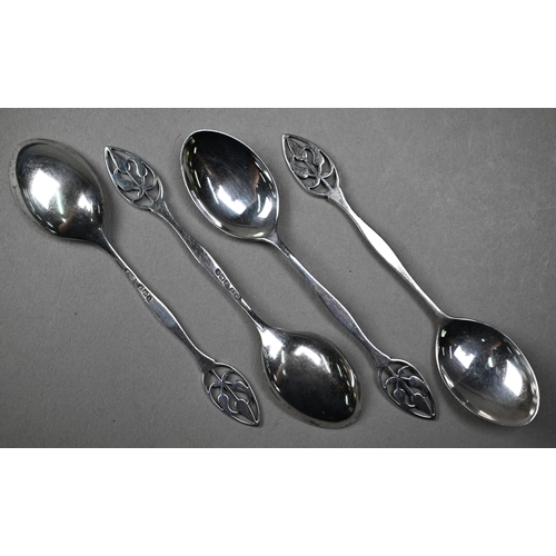 118 - A cased set of eight Art Deco silver teaspoons with foliate pierced stems, Docker & Burn Ltd., B... 