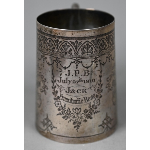 124 - A Victorian silver Christening mug of tapering form with engraved decoration, London 1875 (1910 pres... 