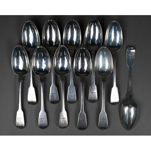 149 - A set of eleven William IV silver fiddle pattern tablespoons, Benjamin Davis, London 1830, 25.9oz