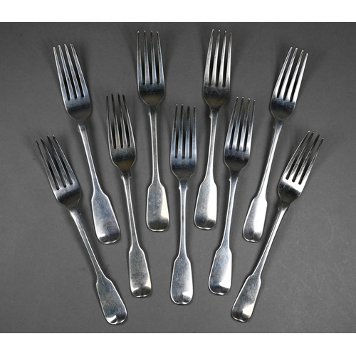 150 - Nine George III-Victorian fiddle pattern table forks London 1808/21/22/43, 18.9oz