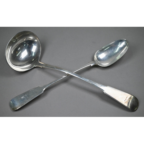 159 - Newcastle assay: A George IV silver fiddle pattern soup ladle, John Walton, Newcastle 1824, to/w a V... 