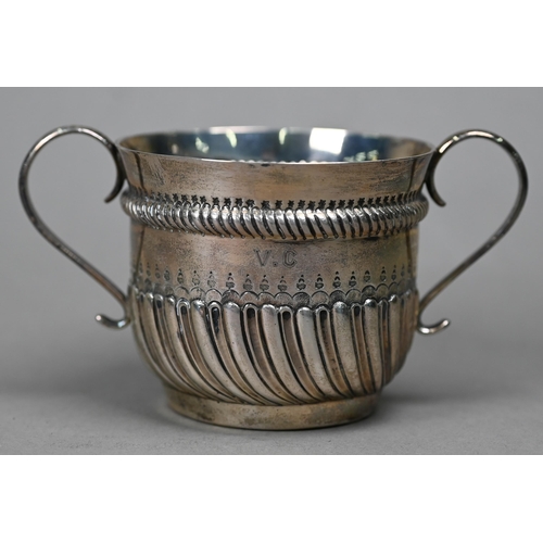 168 - A Victorian cased silver porringer with writhen half-fluting and twin handles, Jesse Earls, London 1... 