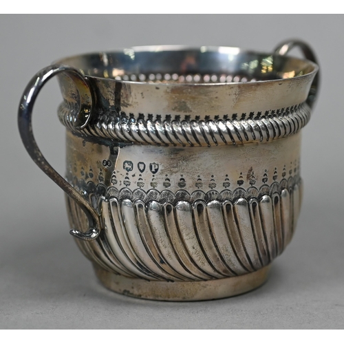 168 - A Victorian cased silver porringer with writhen half-fluting and twin handles, Jesse Earls, London 1... 