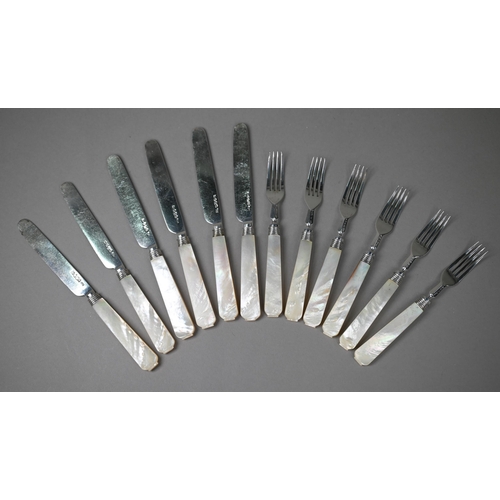 182 - An early Victorian set of six each silver dessert knives and forks with mother of pearl handles, Geo... 