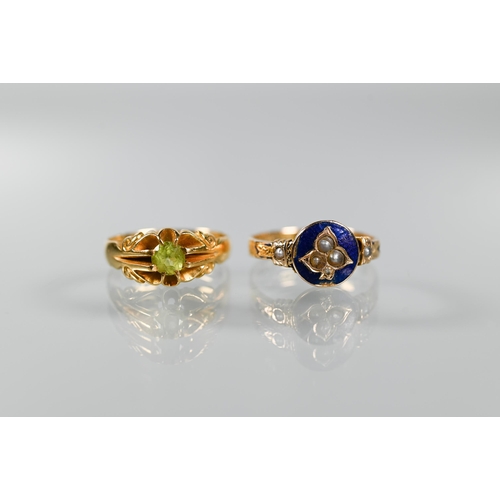 201 - Two Victorian 18ct yellow gold rings, one with blue enamel and seed pearls, size O the other set rou... 