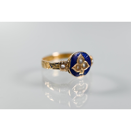 201 - Two Victorian 18ct yellow gold rings, one with blue enamel and seed pearls, size O the other set rou... 