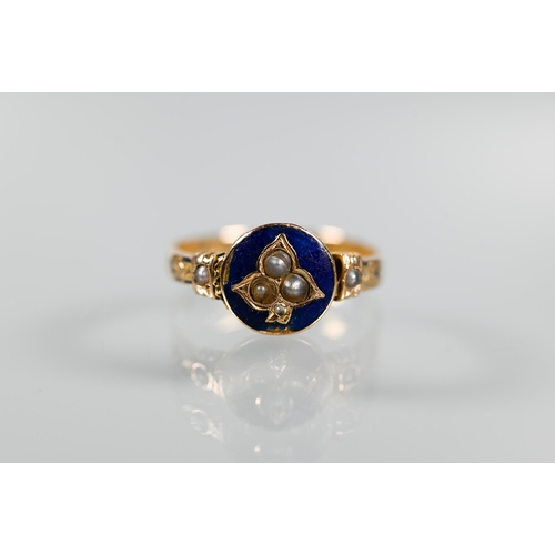 201 - Two Victorian 18ct yellow gold rings, one with blue enamel and seed pearls, size O the other set rou... 