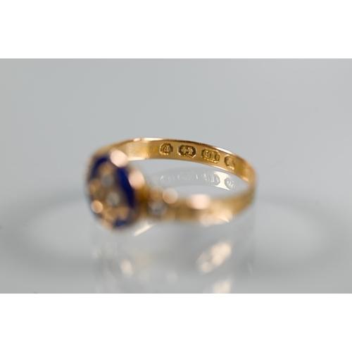 201 - Two Victorian 18ct yellow gold rings, one with blue enamel and seed pearls, size O the other set rou... 