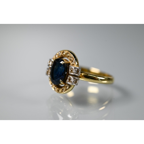 202 - An oval sapphire and diamond cluster ring, 18ct yellow gold set, size N, approx 4.4g all in