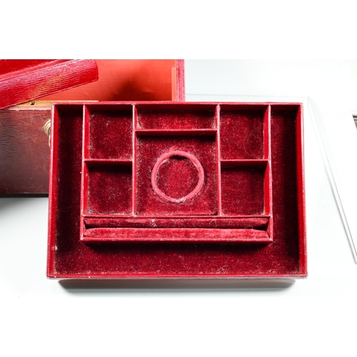 205 - A dark red jewel case with dark red velvet-lined fitted interior and two lift out trays, Bramah lock... 