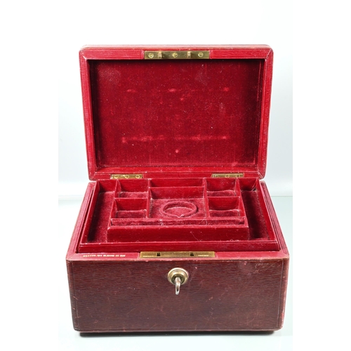 205 - A dark red jewel case with dark red velvet-lined fitted interior and two lift out trays, Bramah lock... 