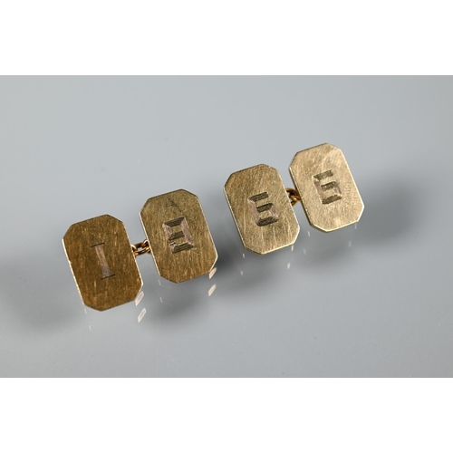 212 - A pair of 9ct yellow gold rectangular cufflinks with canted corners, chain-linked, with engraved I96... 