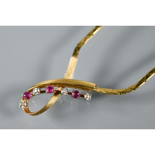 215 - A 9ct yellow gold necklace of flat triangular links with central ribbon twist set rubies and diamond... 