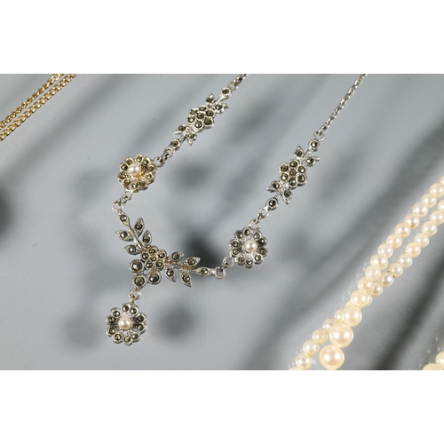 217 - Mixed jewellery including double row cultured pearl necklace, marcasite necklace and earrings, dolph... 