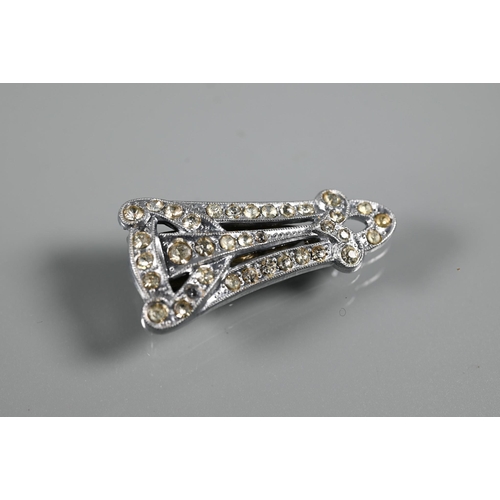 219 - An Irish silver and marcasite brooch in the form of a harp, an Art Deco marcasite brooch, a part dre... 