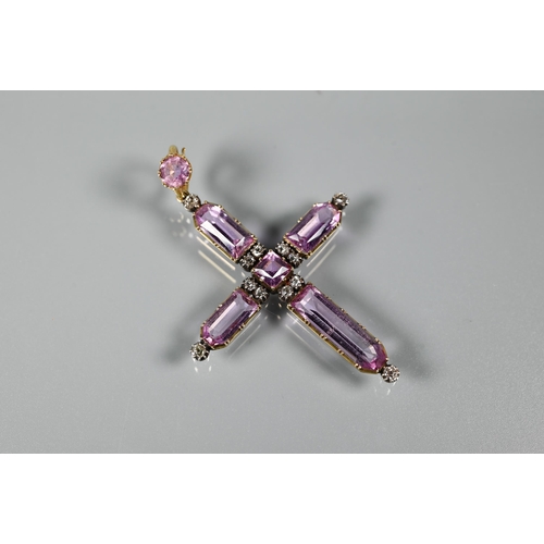 230 - A 19th century pendant cross set rectangular and square-cut pink topaz (probably) with old cut diamo... 