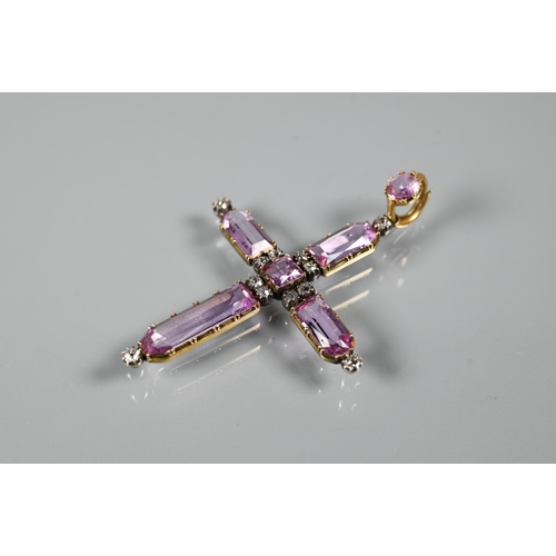 230 - A 19th century pendant cross set rectangular and square-cut pink topaz (probably) with old cut diamo... 