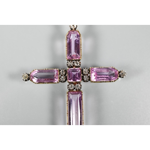 230 - A 19th century pendant cross set rectangular and square-cut pink topaz (probably) with old cut diamo... 