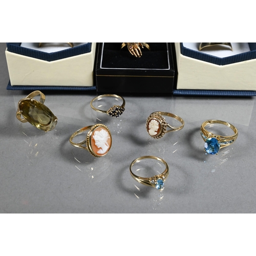 230A - Ten various 9ct yellow gold rings including garnet and opal set Figa style ring, cameos, oval citrin... 