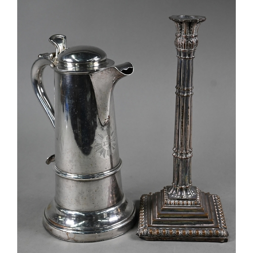 24 - A Victorian electroplated Ecclesiastical flagon, Wilkinson & Co, to/w a pair of plated on copper... 