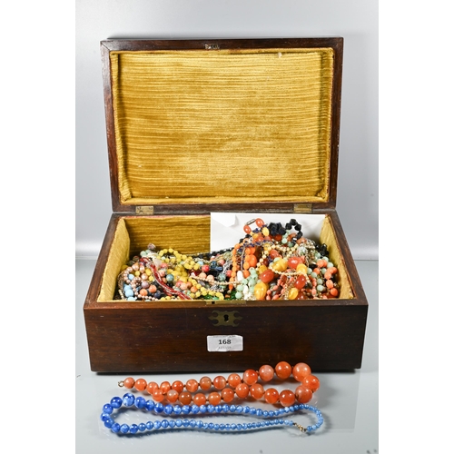 262 - A mahogany box with a collection of vintage bead necklaces including cornelian, agate, glass etc