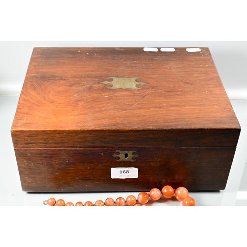 262 - A mahogany box with a collection of vintage bead necklaces including cornelian, agate, glass etc