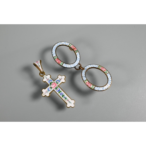 265 - A gilt metal pendant in the form of a cross, with polychrome floral enamel decoration, two enamel ch... 