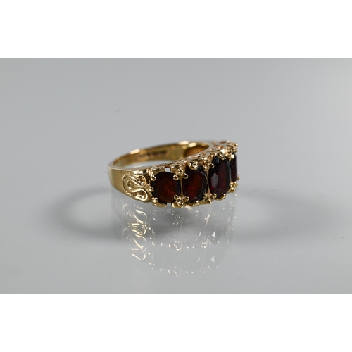 268 - Three rings - a rectangular step cut citrine in 9ct yellow gold shank with decorative plume shoulder... 