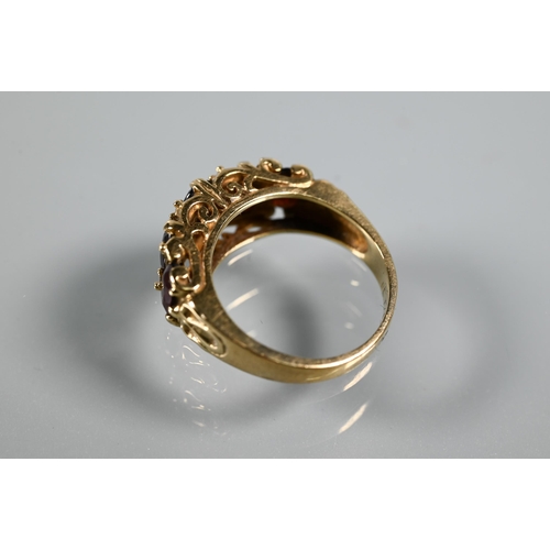 268 - Three rings - a rectangular step cut citrine in 9ct yellow gold shank with decorative plume shoulder... 