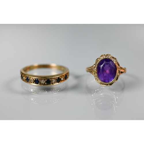 277 - A 9ct yellow gold ring set oval amethyst, size M to/w a 9ct yellow gold half eternity ring set sapph... 