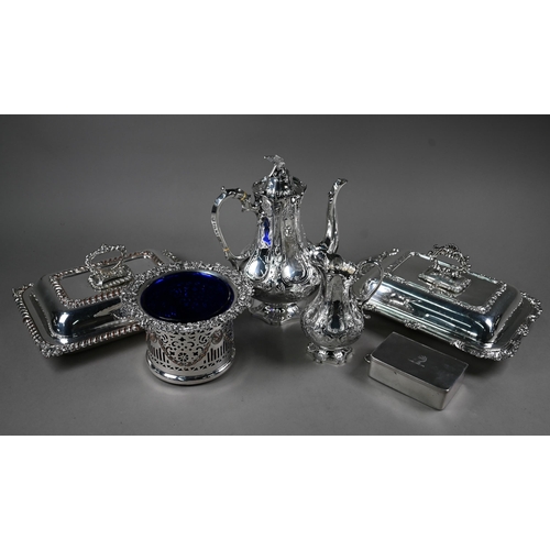 28 - A Victorian silver plated jug; lot also includes a champagne bottle coaster with blue glass liner, a... 