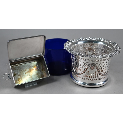 28 - A Victorian silver plated jug; lot also includes a champagne bottle coaster with blue glass liner, a... 