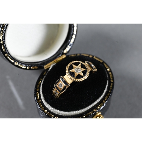 285A - A collection of Victorian jewellery items including 18ct and black enamel mourning ring, letter 'A' ... 