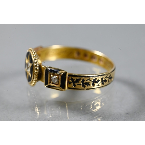 285A - A collection of Victorian jewellery items including 18ct and black enamel mourning ring, letter 'A' ... 