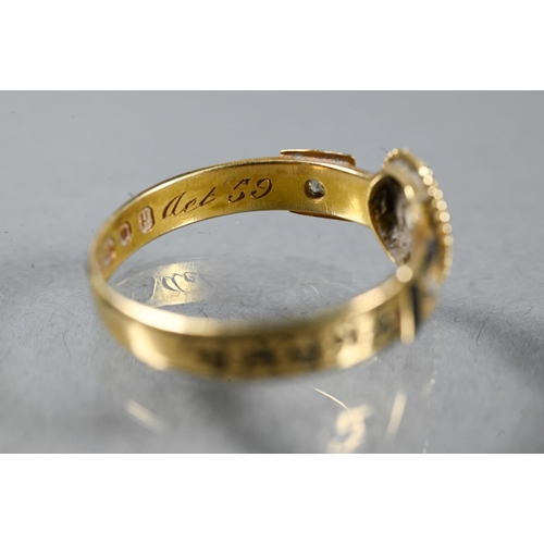 285A - A collection of Victorian jewellery items including 18ct and black enamel mourning ring, letter 'A' ... 