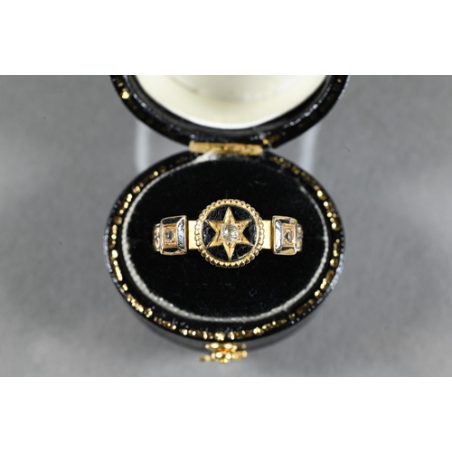 285A - A collection of Victorian jewellery items including 18ct and black enamel mourning ring, letter 'A' ... 